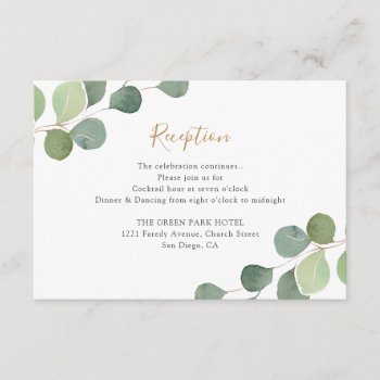 Elegant Eucalyptus Greenery Wedding Reception Enclosure Card by PeachBloome at Zazzle