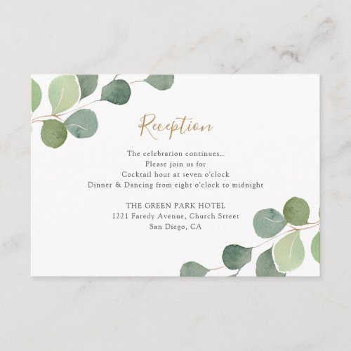 Elegant Eucalyptus Greenery Wedding Reception Enclosure Card - Designed to coordinate with our Mixed Greenery wedding collection, this elegant & customizable Reception Insert card features watercolor greenery eucalyptus leaves with gold and gray text, which can be customized for any event. To make advanced changes, please select "Click to customize further" option under Personalize this template.