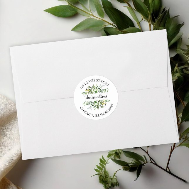 Elegant Eucalyptus Greenery Wedding Return Address Classic Round Sticker (Creator Uploaded)