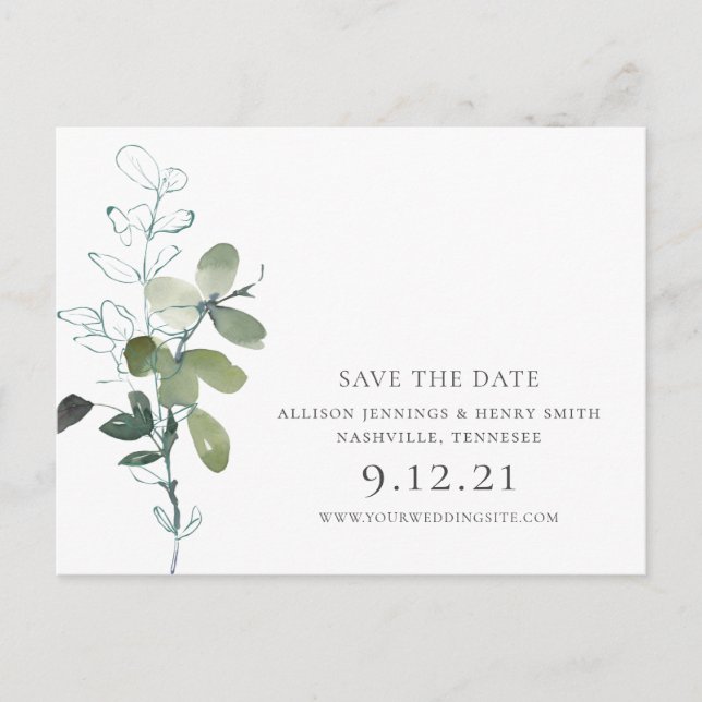Elegant Eucalyptus Greenery Wedding Save the Date Announcement Postcard (Front)