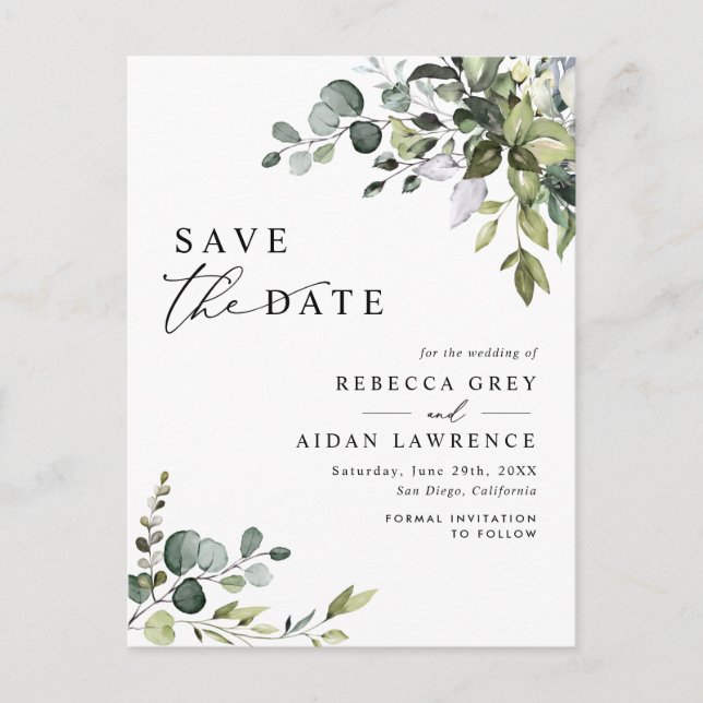 Elegant Eucalyptus Greenery Wedding Save the Date Postcard (Front)