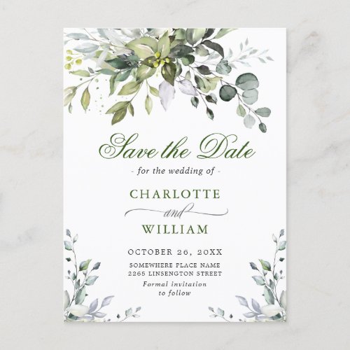 Elegant Eucalyptus Greenery Wedding Save the Date Postcard