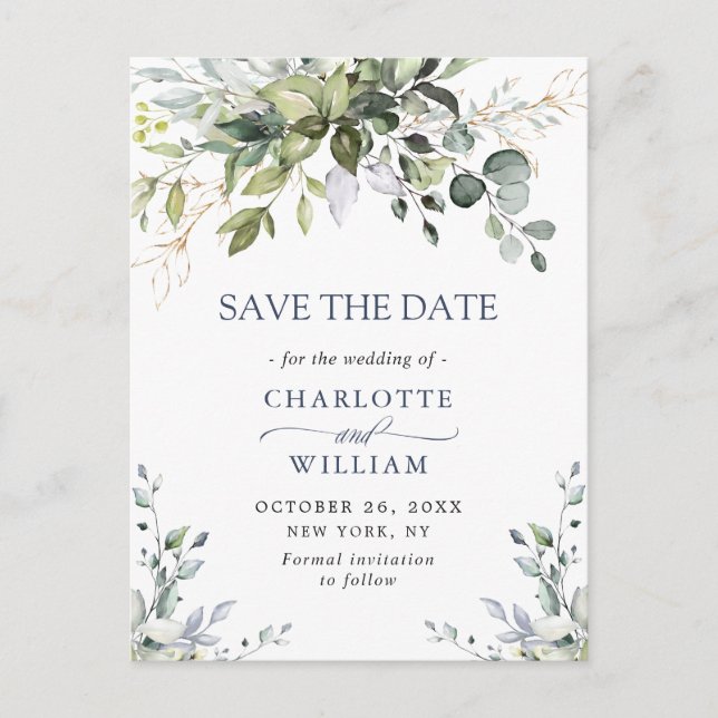 Elegant Eucalyptus Greenery Wedding Save the Date Postcard (Front)