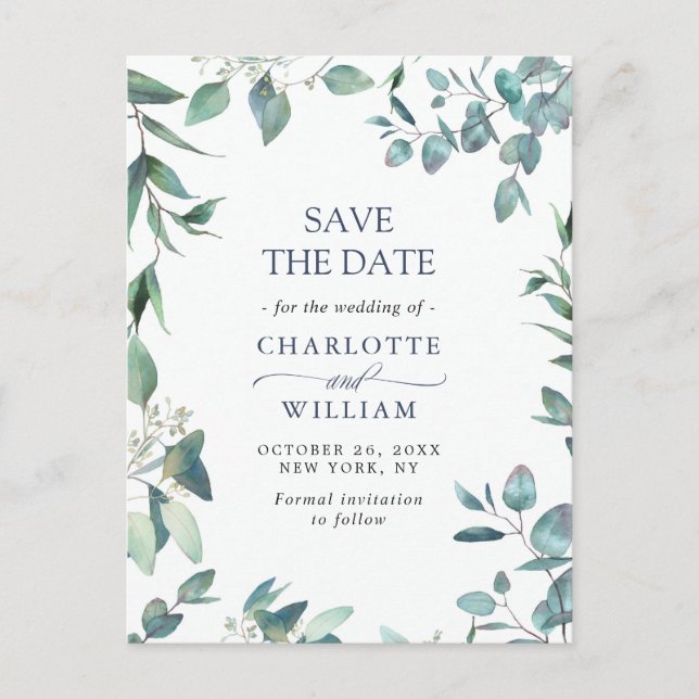 Elegant Eucalyptus Greenery Wedding Save the Date Postcard (Front)