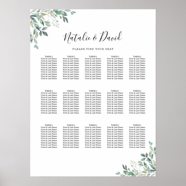 Elegant Eucalyptus Greenery Wedding Seating Chart (Front)