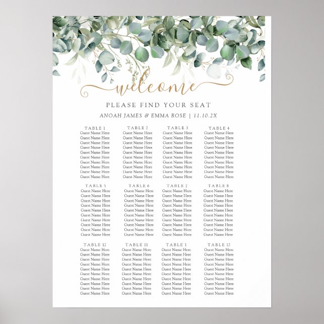 Elegant Eucalyptus Greenery Wedding Seating Chart (Front)