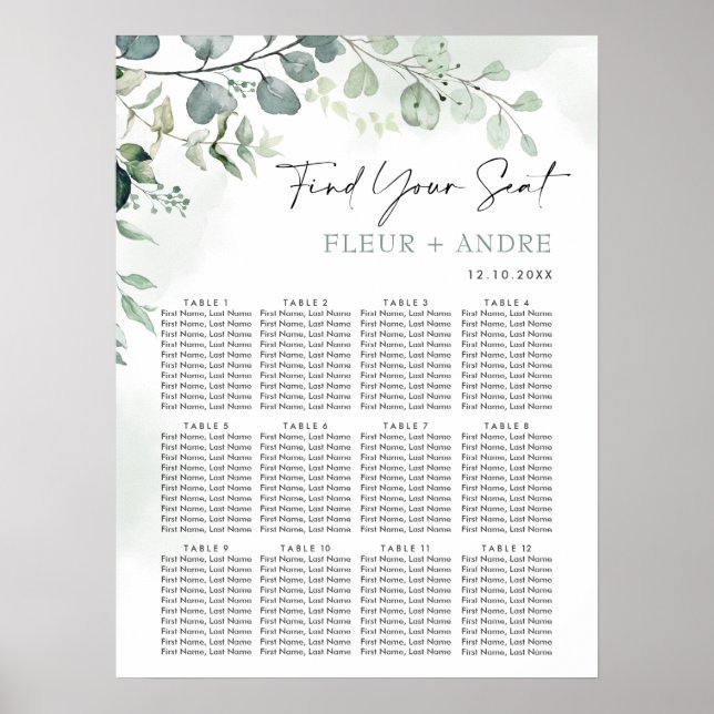 Elegant Eucalyptus Greenery Wedding Seating Chart (Front)