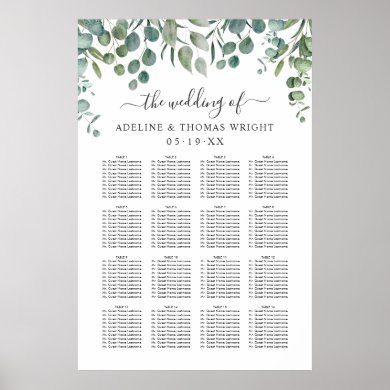 Elegant Eucalyptus Greenery Wedding Seating Poster