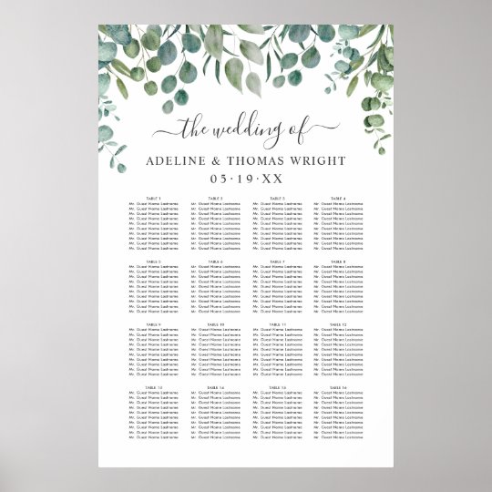 Elegant Eucalyptus Greenery Wedding Seating Poster