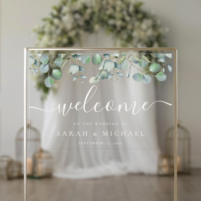 Elegant Eucalyptus Greenery Wedding Welcome Acrylic Sign (Creator Uploaded)