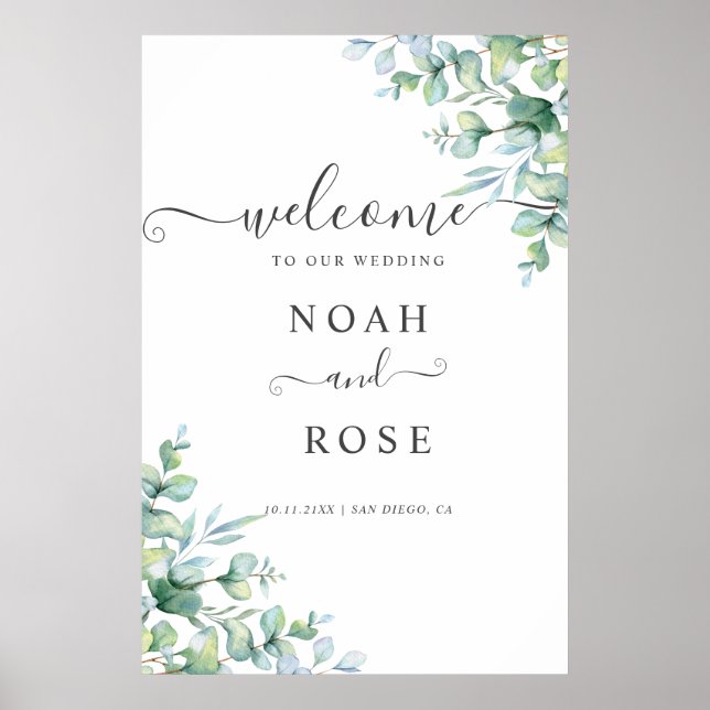 Elegant  Eucalyptus Greenery Wedding Welcome Sign (Front)