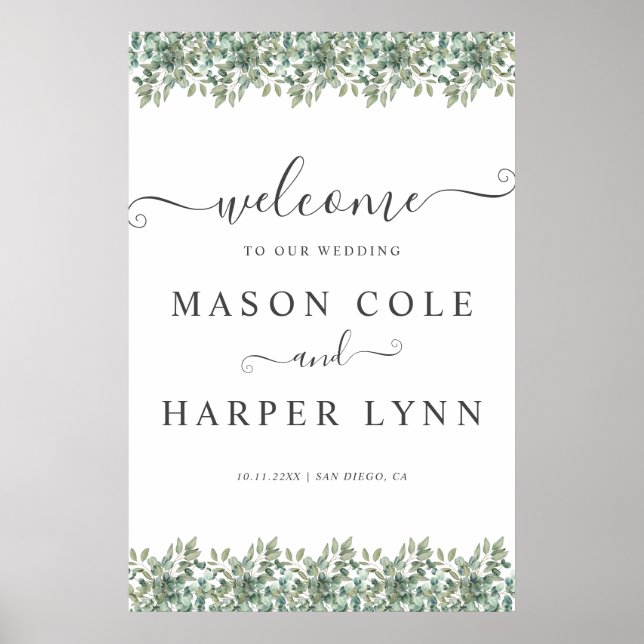 Elegant  Eucalyptus Greenery Wedding Welcome sign (Front)