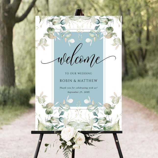 Elegant Eucalyptus Greenery Welcome Mist Blue Sign (Creator Uploaded)