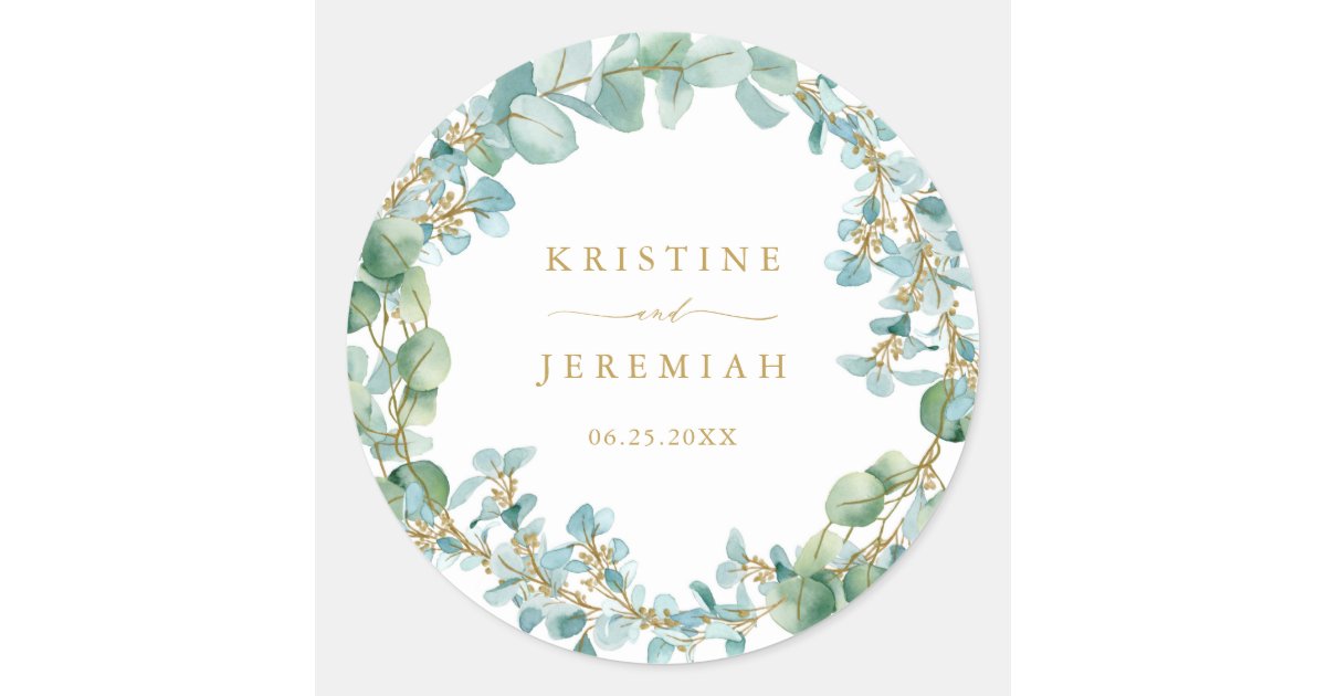 Elegant Eucalyptus Greenery Wreath Gold Wedding Classic Round Sticker ...