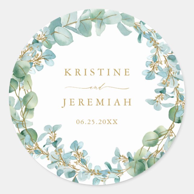 Elegant Eucalyptus Greenery Wreath Gold Wedding Classic Round Sticker (Front)