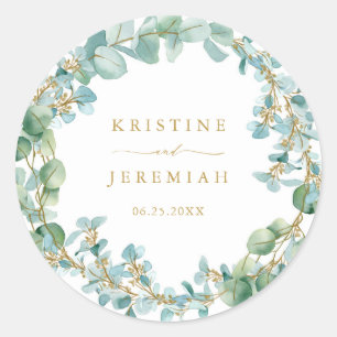 Elegant Eucalyptus Greenery Wreath Gold Wedding Classic Round Sticker