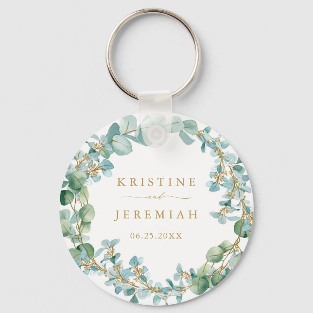 Elegant Eucalyptus Greenery Wreath Gold Wedding Keychain (Front)