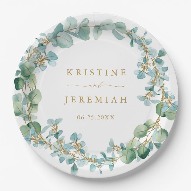 Elegant Eucalyptus Greenery Wreath Gold Wedding Paper Plates (Front)