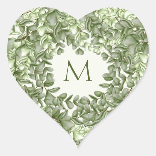 Elegant Eucalyptus Greenery Wreath Green Ivory  Heart Sticker