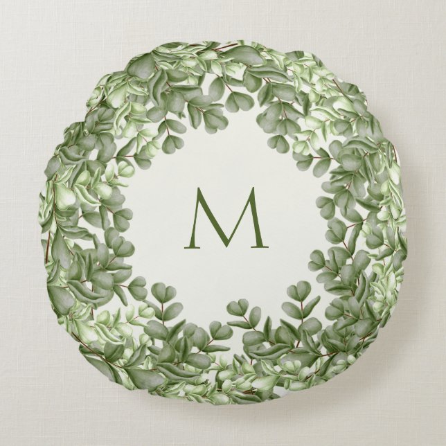 Elegant Eucalyptus Greenery Wreath Green Ivory Round Pillow (Front)