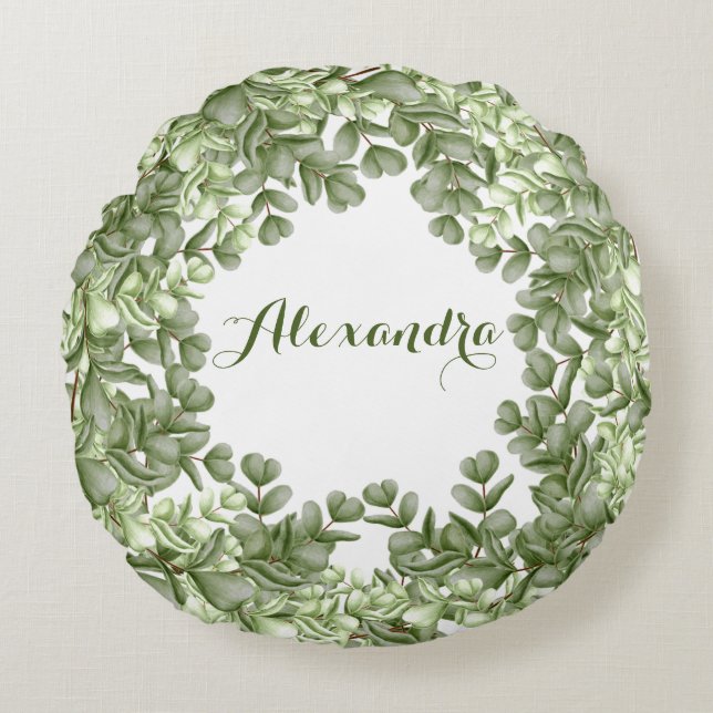 Elegant Eucalyptus Greenery Wreath Green White Round Pillow (Front)