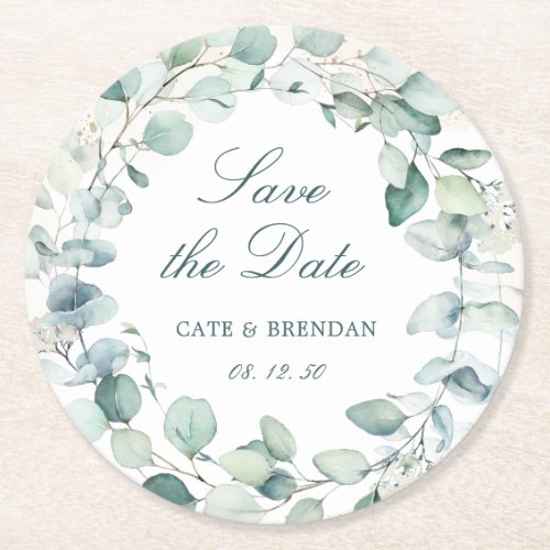 Elegant Eucalyptus Greenery Wreath Save The Date Round Paper Coaster