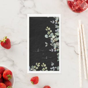 Elegant Eucalyptus Initials Black Paper Guest Towels