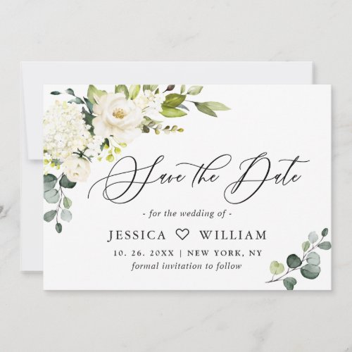 Elegant Eucalyptus Ivory White Roses Wedding Save The Date