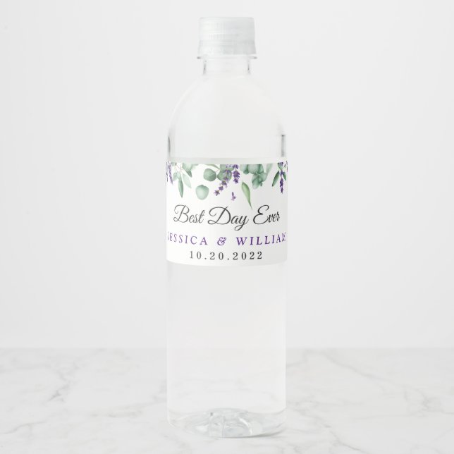 Elegant Eucalyptus Lavender Best Day Ever Water Bottle Label (Front)