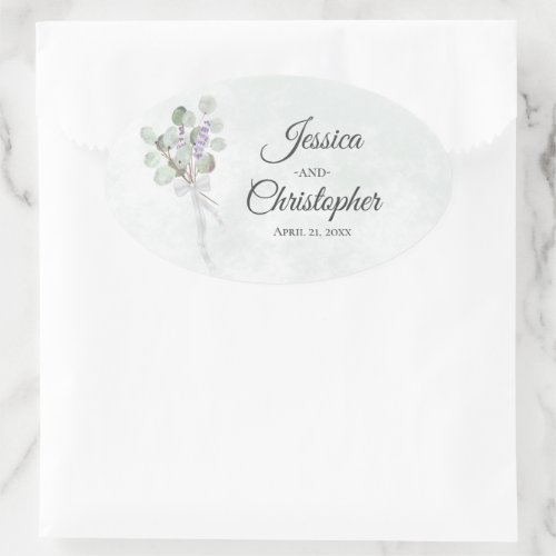 Elegant Eucalyptus  Lavender Bouquet Wedding Oval Sticker