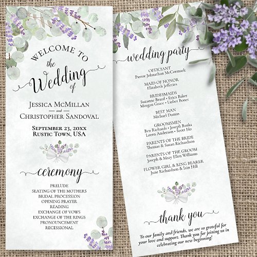 Elegant Eucalyptus  Lavender Watercolor Wedding Program