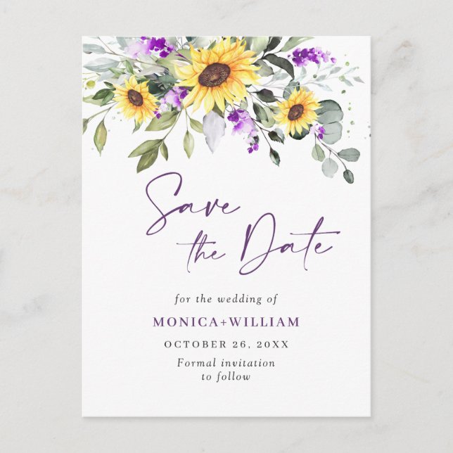 Elegant Eucalyptus Lavender Wedding Save the Date Postcard (Front)