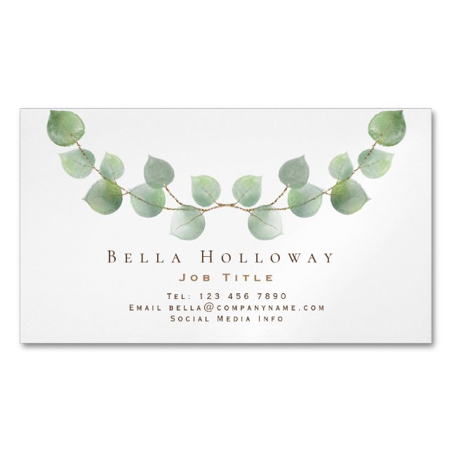 Elegant Eucalyptus Leaf Green Gold Any Profession Business Card Magnet (Front)