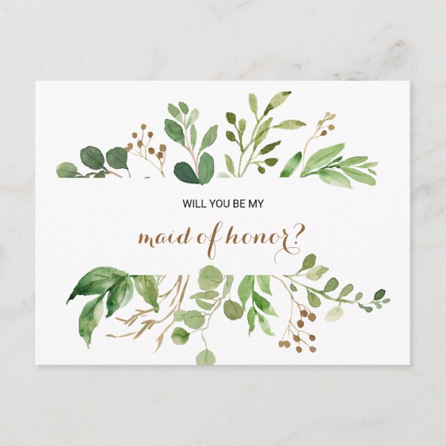 Elegant Eucalyptus Leaf Greenery Maid of Honor Invitation Postcard (Front)