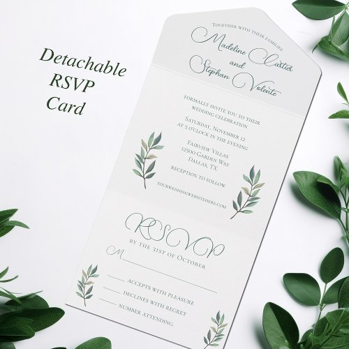 Elegant Eucalyptus Leaf Modern Fall Wedding  RSVP All In One Invitation
