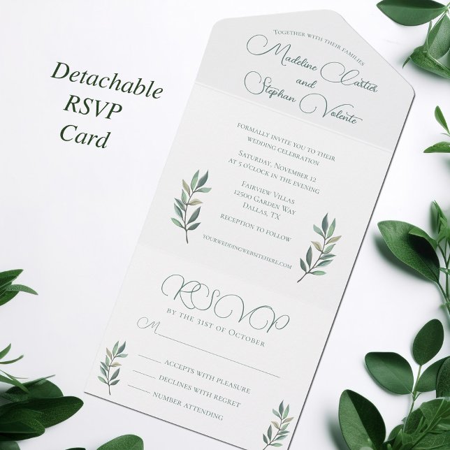 Elegant Eucalyptus Leaf Modern Fall Wedding & RSVP All In One Invitation (Creator Uploaded)