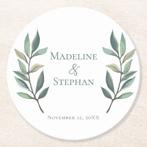 Elegant Eucalyptus Leaf Modern Green Fall Wedding Round Paper Coaster