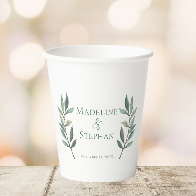 Elegant Eucalyptus Leaf Personalized Wedding Paper Cups (Creator Uploaded)