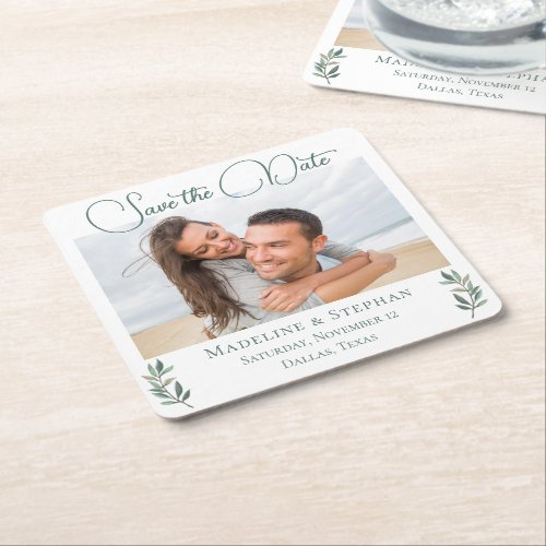 Elegant Eucalyptus Leaf Photo Save the Date Square Paper Coaster