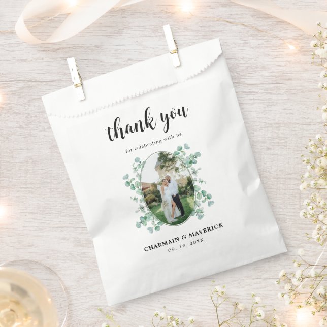 Elegant Eucalyptus leaf Photo Wedding Thank You Favor Bag (Clipped)