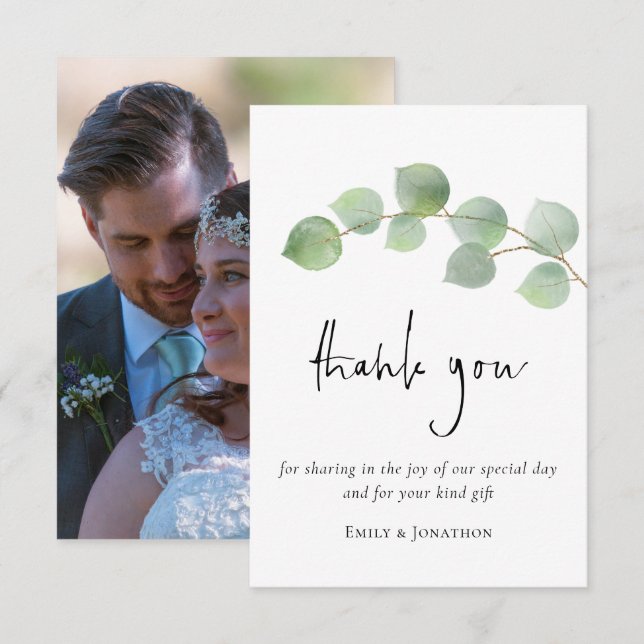 Elegant Eucalyptus Leaf Script Photo Thank You Card (Front/Back)