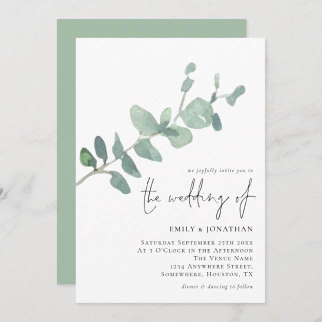 Elegant Eucalyptus Leave Script Wedding Invitation (Front/Back)