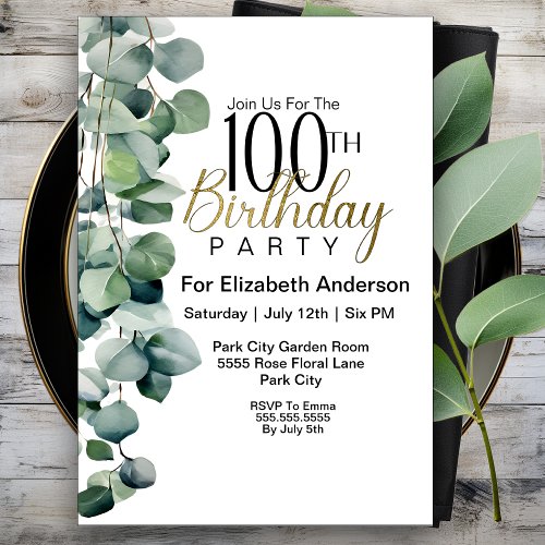 Elegant Eucalyptus Leaves 100th Birthday Invitation