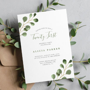 Elegant eucalyptus leaves 21st birthday party invitation