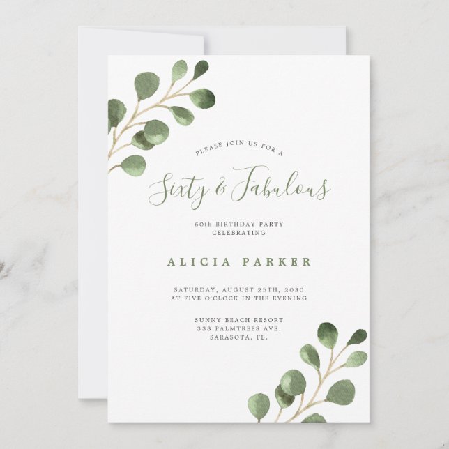 Elegant eucalyptus leaves 60 years birthday party invitation (Front)