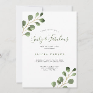 Elegant eucalyptus leaves 60 years birthday party invitation
