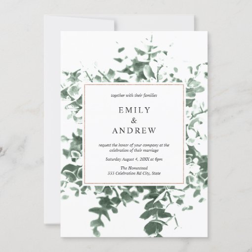 Elegant Eucalyptus Leaves Copper Frame Wedding Invitation | Zazzle