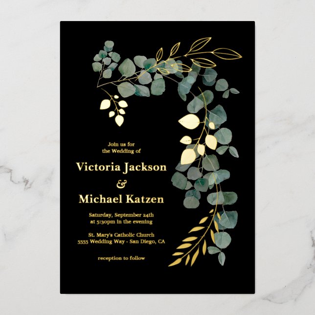 Elegant Eucalyptus leaves Foil Invitation (Front)