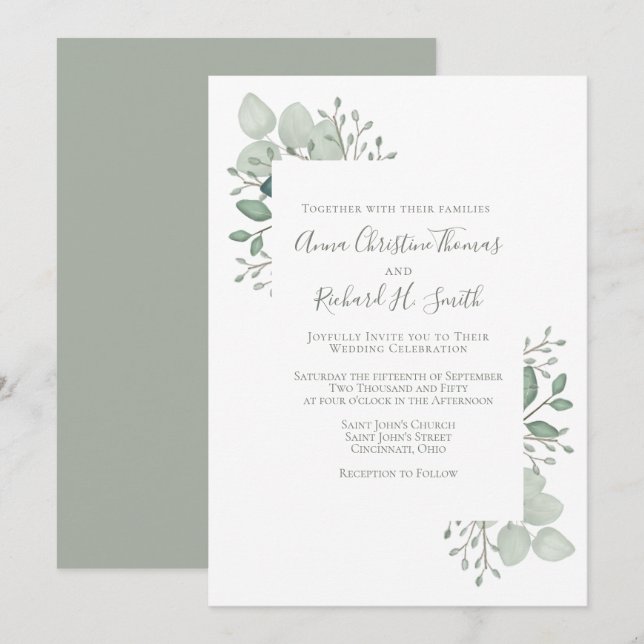 Elegant Eucalyptus Leaves Greenery Foliage Invitation (Front/Back)