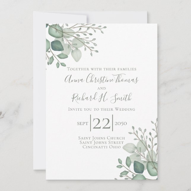 Elegant Eucalyptus Leaves Greenery Foliage Invitation (Front)